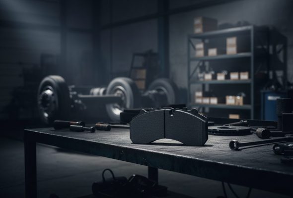 Тормозные колодки для грузовиков оптом из Китая - стопка дисковых тормозных колодок для коммерческого транспорта с серо-чёрным покрытием на заводском поддоне.