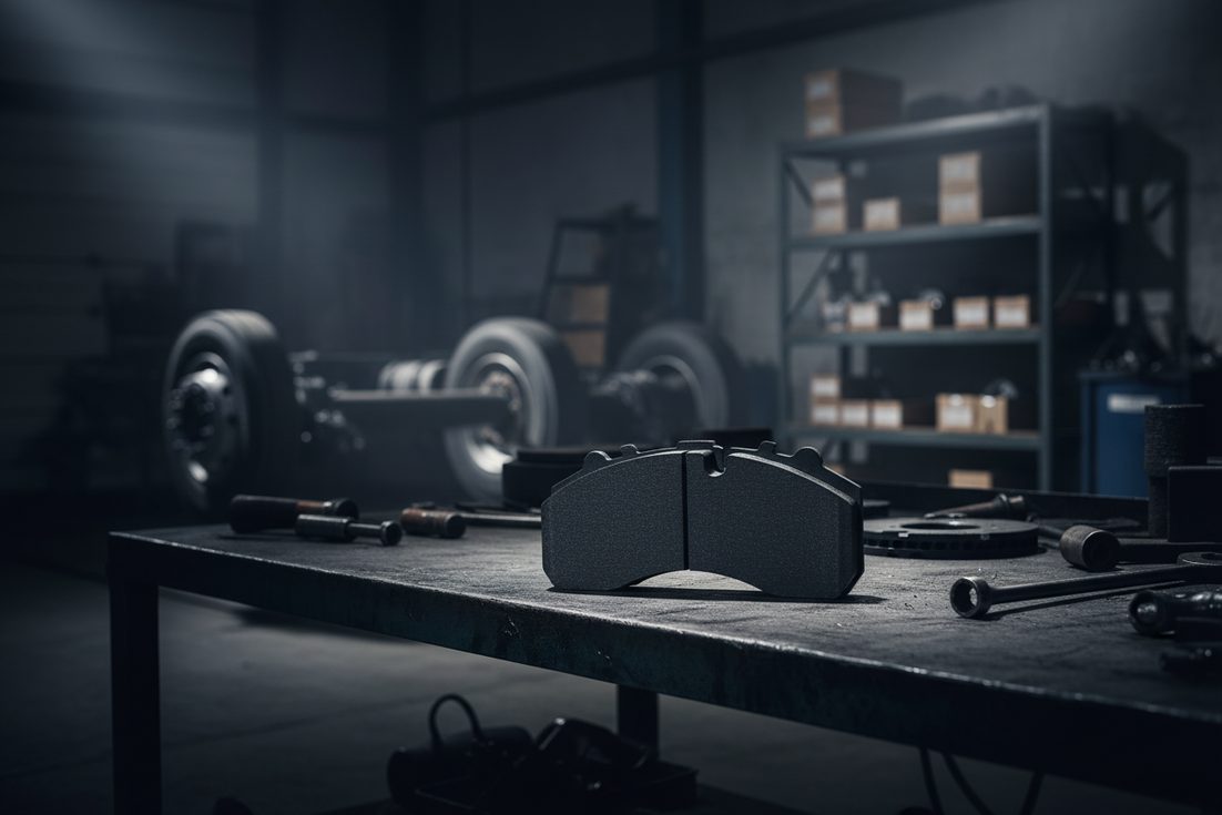 Тормозные колодки для грузовиков оптом из Китая - стопка дисковых тормозных колодок для коммерческого транспорта с серо-чёрным покрытием на заводском поддоне.