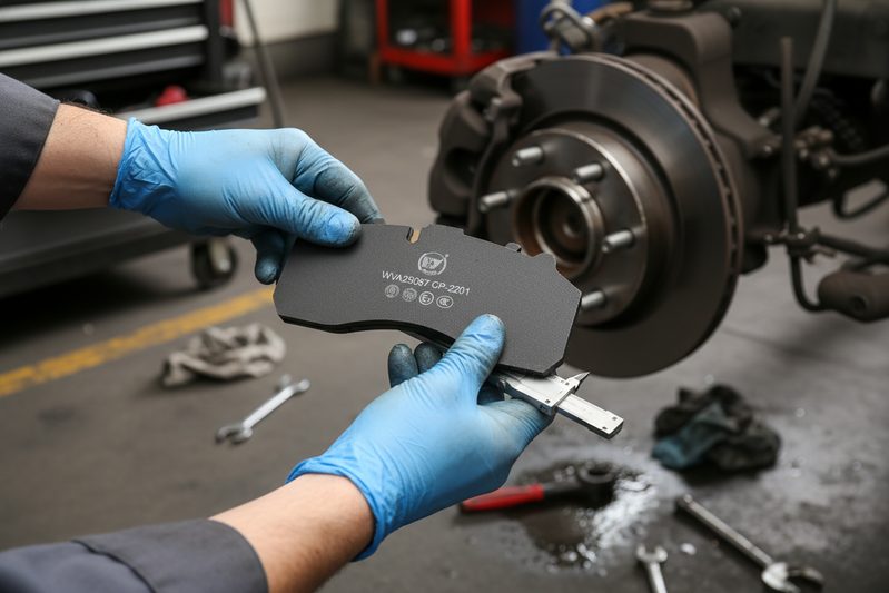 Паллеты на складе с упакованными тормозными колодками для тяжелых грузовиков, готовые к оптовой отгрузке