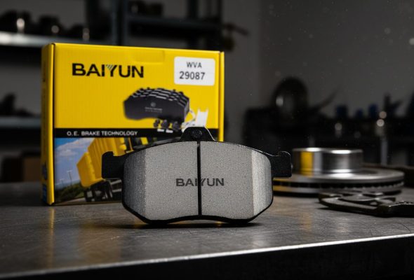 Professional close-up of ceramic brake pad formulation from a leading manufacturer in China, showing low-dust, copper-fiber embedded material.