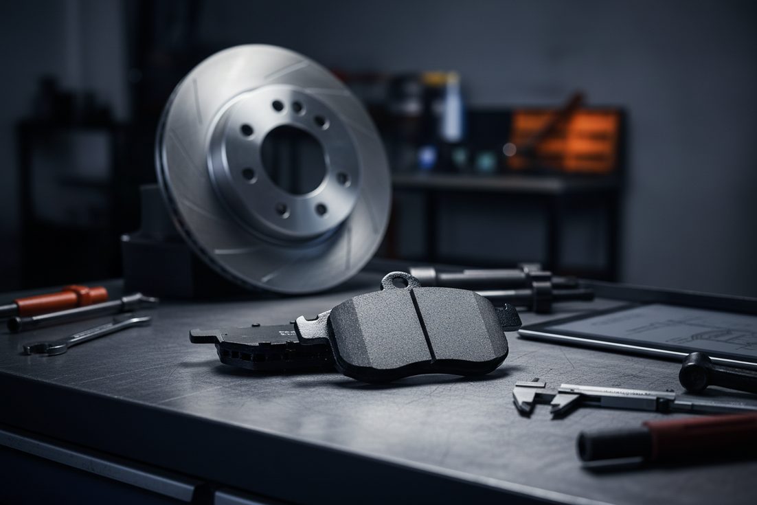 Профессиональный крупный план керамических тормозных колодок от ведущего производителя в Китае, демонстрирующий фрикционный материал и несущую пластину.