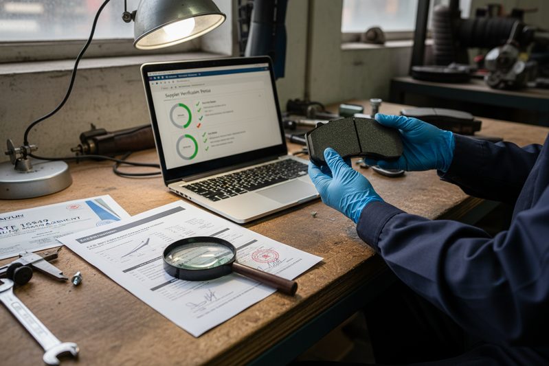 Отчёт об испытаниях ECE R90 и сертификационные документы для керамических тормозных колодок на столе, подчёркивающие соответствие для импортёров.