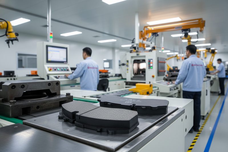 Производственная линия завода BAIYUN Brake для керамических тормозных колодок, демонстрирующая процессы контроля качества по стандарту IATF 16949 в Китае.