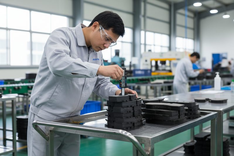Работник завода BAIYUN Brake проверяет партию готовых керамических тормозных колодок на производственной линии.