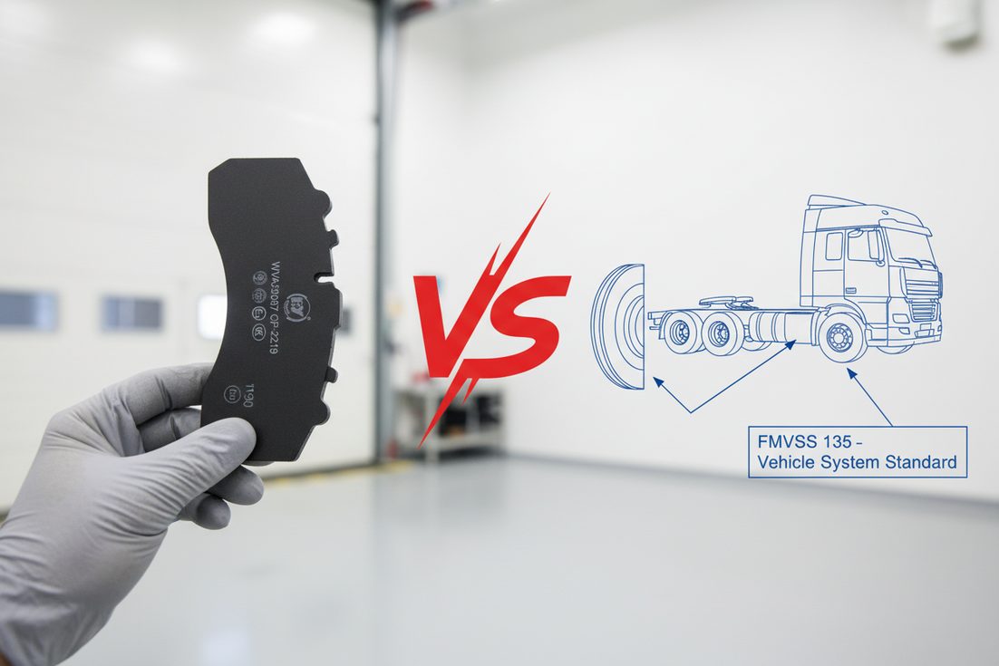 Маркировка сертификации ECE R90 на высококачественной керамической тормозной колодке рядом со схемой автомобиля по FMVSS 135, подчеркивающая регуляторную разницу.