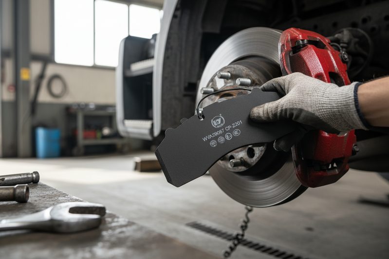 Крупный план дисковых тормозных колодок для грузовиков с датчиком износа и фасками по краям