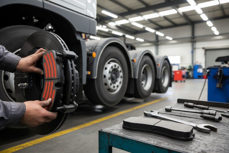 Крупный план фрикционного материала и опорной пластины тяжёлой тормозной колодки, демонстрирующий скосы и прорези для отвода тепла.