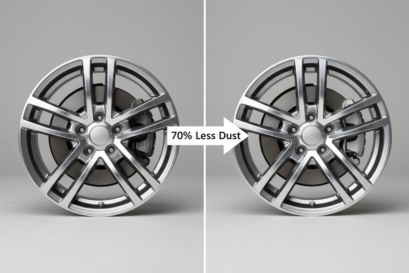 Крупный план сравнения чистоты диска с керамическими и металлическими тормозными колодками, подчёркивающий сниженную пыльность.