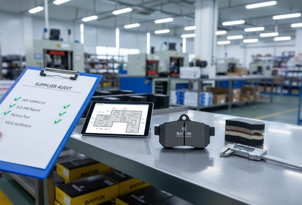 Key steps to evaluate a Chinese brake pad manufacturer during a factory audit, showing inspection checklist and brake pad components.