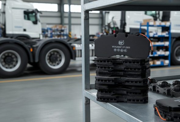 Heavy duty truck brake pads wholesale China - stack of commercial vehicle disc brake pads with wear sensors