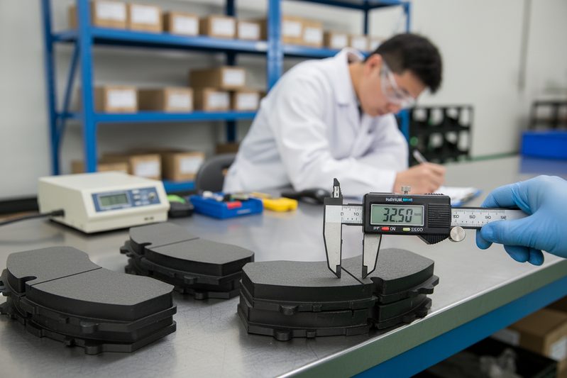 Техник завода BAIYUN Brake проводит контроль качества партии тормозных колодок для грузовиков