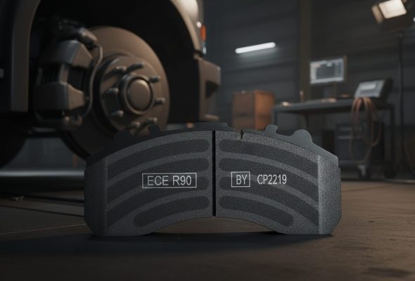 Close-up detail of an ECE R90 certified brake pad showing the regulation stamp and friction material, highlighting quality and compliance.