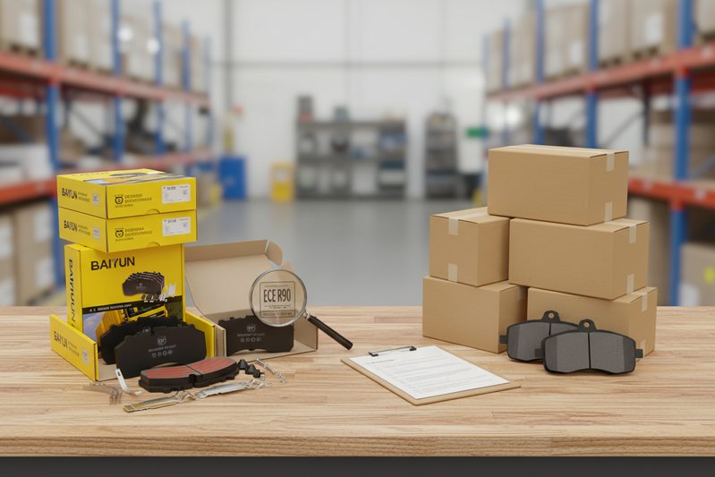 Сравнение сертифицированных по ECE R90 тормозных колодок в упаковке и несертифицированных колодок, подчёркивающее важность правильной маркировки для импортёров.