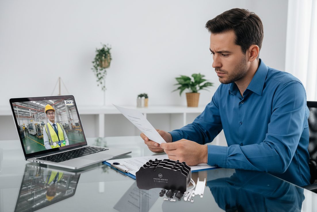 Профессионал оценивает сертификат IATF 16949 и документы по качеству китайского производителя тормозных колодок на столе.