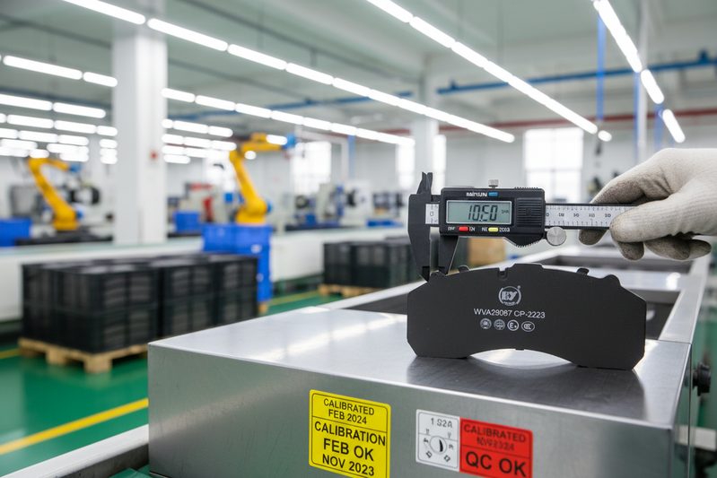 Крупный план производственной линии завода тормозных колодок с видимым калиброванным измерительным оборудованием, что указывает на реальные процессы IATF 16949.