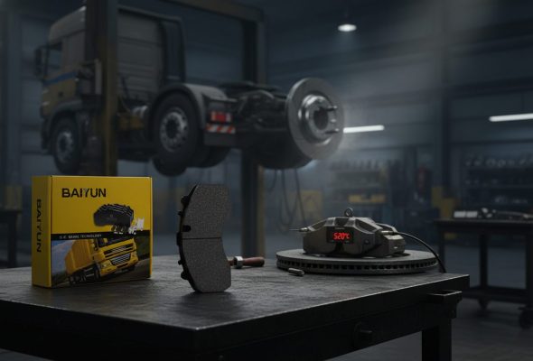 Semi-metallic brake pad CP2215 from wholesale manufacturer BAIYUN Brake installed in heavy-duty commercial vehicle caliper after high-temperature durability testing