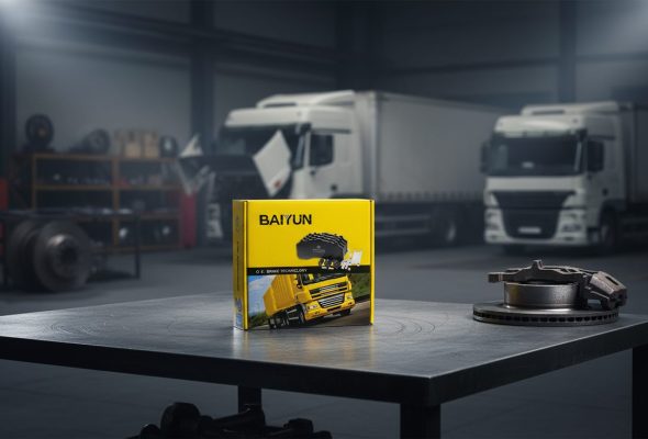 Brake pad break-in bedding procedure guide featured image showing BAIYUN brake pad box and brake system