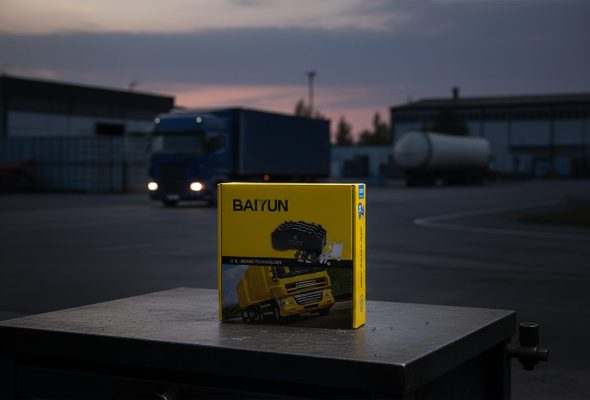 Brake pad break-in bedding procedure guide kit box on workbench near ventilated brake disc and caliper
