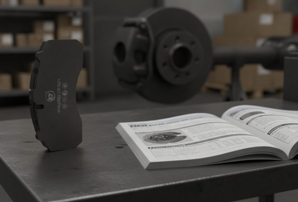 FMSI Updates Brake Pad Identification System - Work Truck Online featured image showing commercial truck brake pad with Z suffix label and riveted mechanical attachment