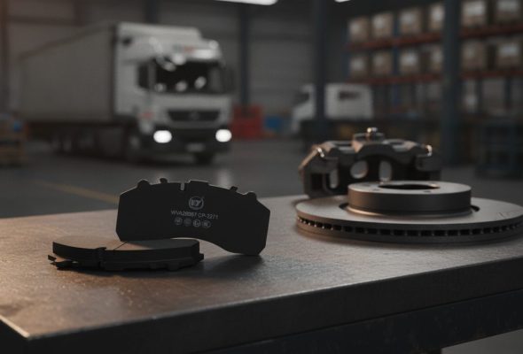Iveco disc brake pad fitment verification sample on workbench with caliper and disc