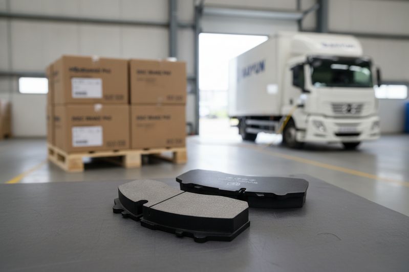 Стопка коробок с тормозными колодками для коммерческих автомобилей с маркировкой ECE R90, уложенная на паллеты для распределения по автопаркам, на заднем плане электрический тягач в погрузочной зоне