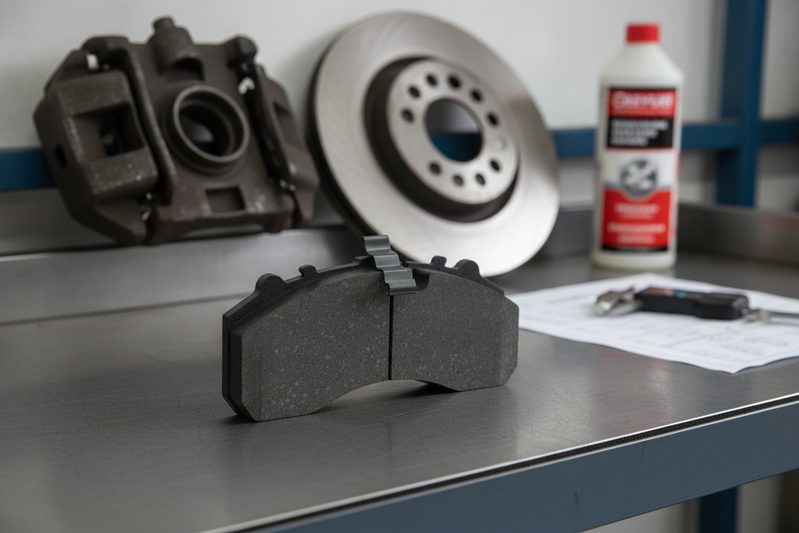 Тормозная колодка BAIYUN Brake CP2223 для грузовика на верстаке с суппортом и ротором на заднем плане, демонстрирующая тяжелые коммерческие тормозные компоненты