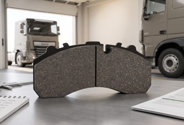 DAF disc brake pad fitment verification BAIYUN cp2201 sample on workshop bench with DAF truck in background