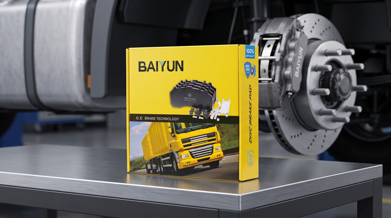 Завод OEM коммерческих тормозных колодок в Китае - коробка ремонтного комплекта BAIYUN на рабочем столе